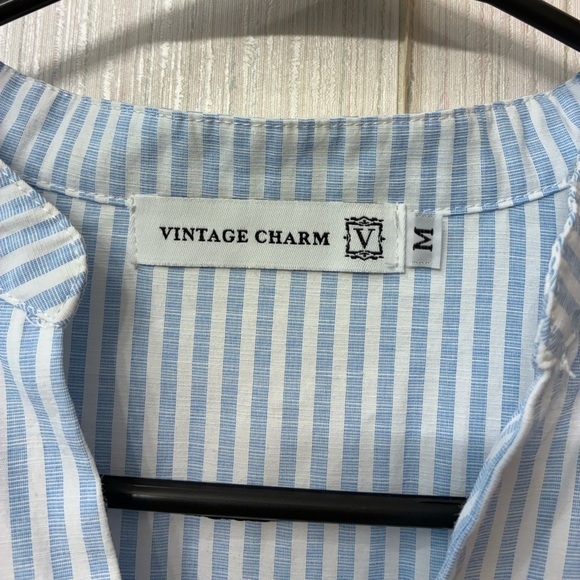 Chic Vintage Charm Cottagecore Pinstripe Tiered Tie-Waist Midi Dress M - Picture 7 of 8